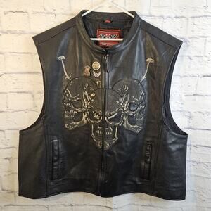 First Racing Leather Vest Mens 5X Black Biker Skull Graphic Full Zip Pockets